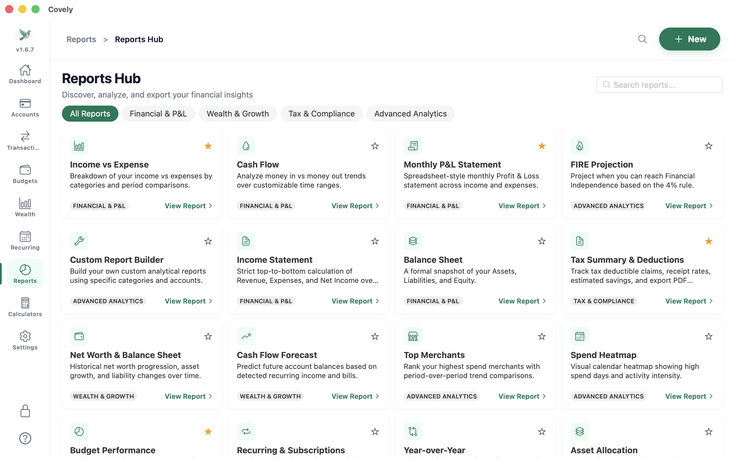 Covely Reports Hub with report cards grouped into Financial and P&L, Wealth and Growth, Tax and Compliance, and Advanced Analytics