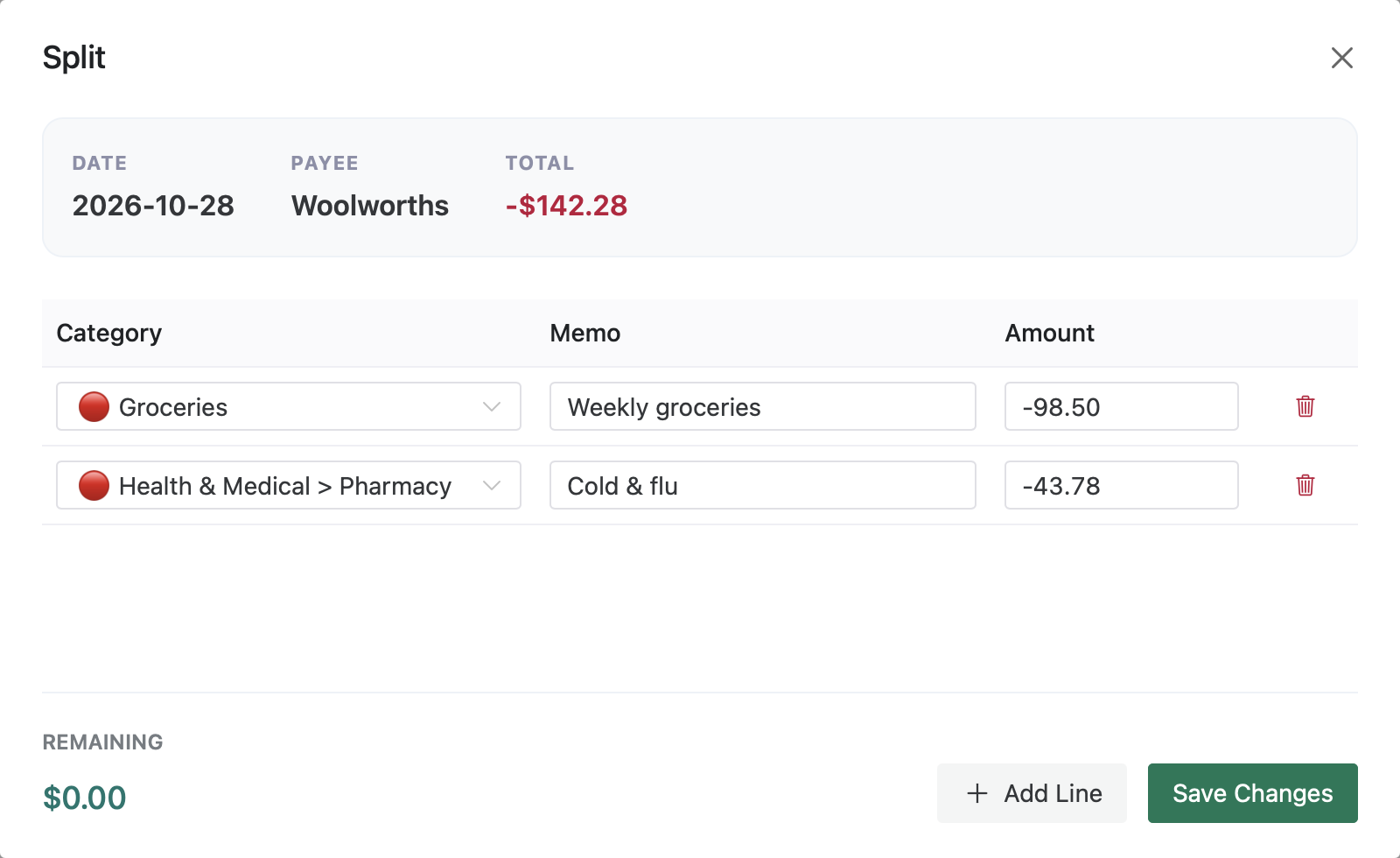 Covely Split dialog dividing a Woolworths purchase between Groceries and Pharmacy